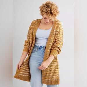 Women’s Waffle Stitch Cardigan Sweater (mustard/gray) - size small